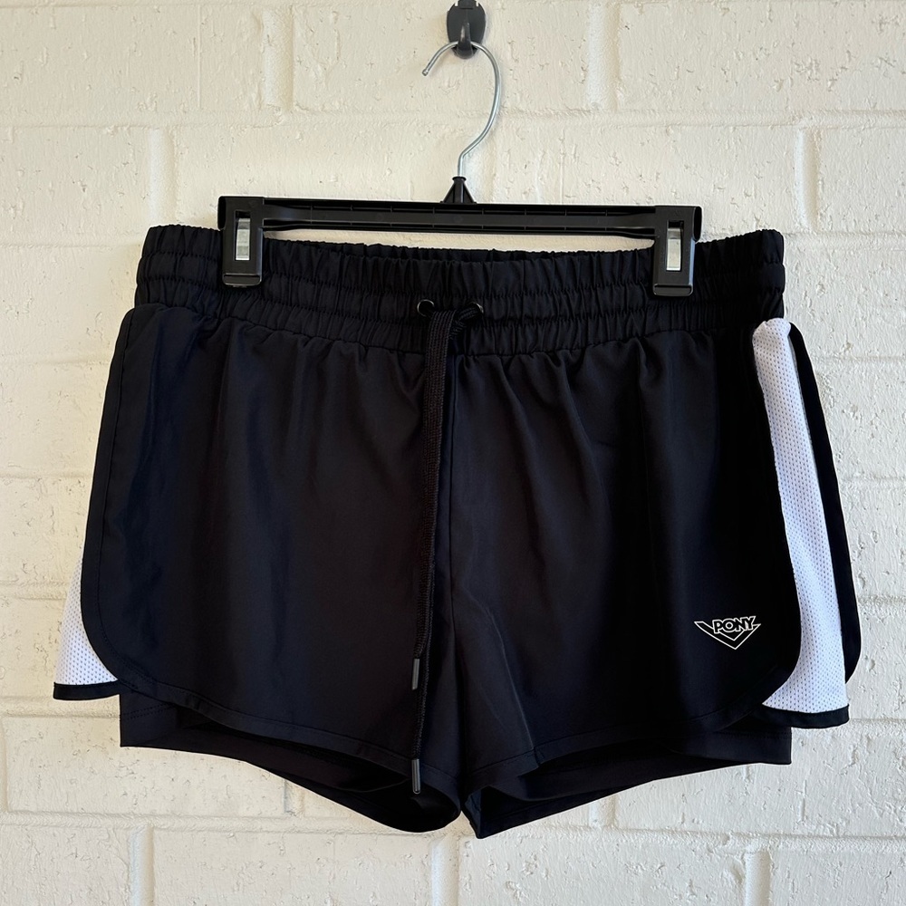 Pony Black and White Athletic Running Shorts with Compression Shorts Size Large